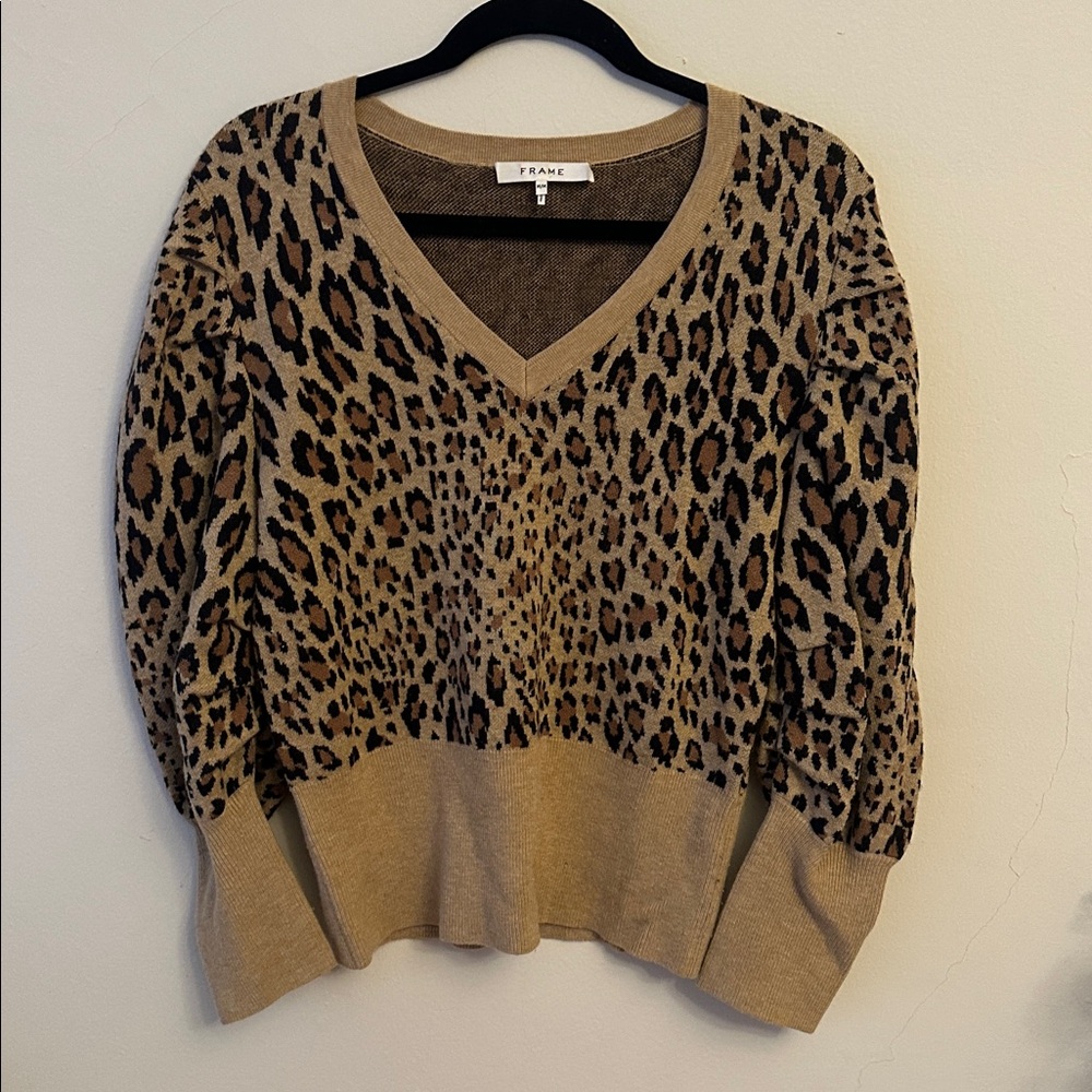 Frame Tan Leopard V-Neck Sweater